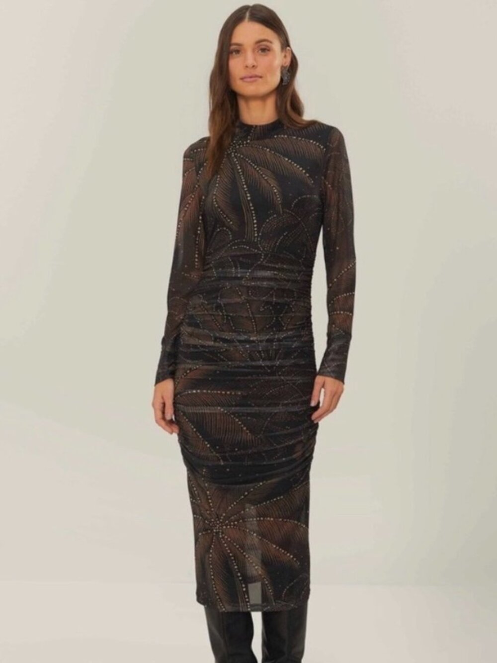 FARM Rio Golden Foliage Black Bodycon Midi Dress